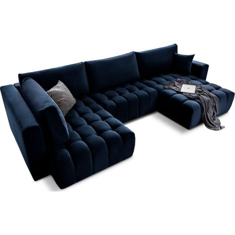 Canapé d'angle BONITA convertible 6 places bleu nuit tissu – droit – 350x175cm (1/3)