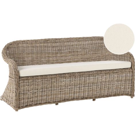 Panca boho a 3 posti per giardino e interni, 141 cm, in rattan e vimini con cuscini in tessuto bianco sporco naturale Susua