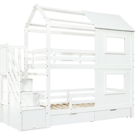 Lit superposé enfant 90 x 200 cm blanc avec escalier rangement et tiroir à roulettes (1/5)