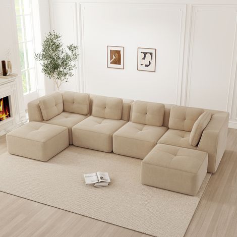 Canapé d'angle modulable beige avec pouf, canapé-lit profond antidérapant livré monté, U