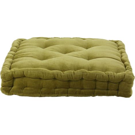 ARTHUR - Pouf tapissier en velours de coton uni vert mousse 40x40 (1/4)