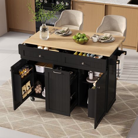 Isola cucina con ruote e piano ribaltabile, MDF e truciolare, nero/naturale, OKWISH (1/5)