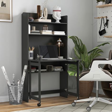 Bureau Informatique avec Étagères de Rangement, Plateau Rabattable, 2 Roulettes, pour Chambre, Salon, 80x69x155cm, Noir (1/5)