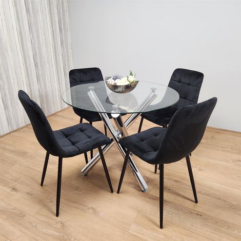 Dining Table and 4 Chairs Clear Glass Round Chrome Legs Table 4 Black Velvet Chairs Dining Room (1/5)