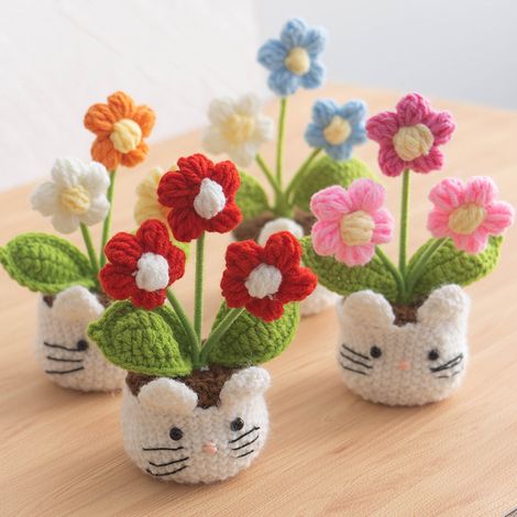 4 pièces de bonsaï myosotis crochetées à la main, idéales pour la décoration intérieure, les bureaux, les étagères, les chambres et les salons. (1/5)