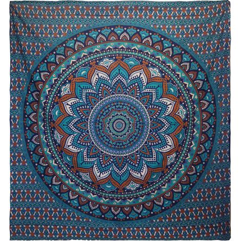 Colcha Doble de AlgodÃ³n + Colgante de Pared - Mandala ClÃ¡sico - Turquesa