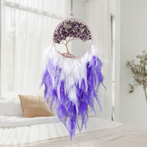 Attrape RêVes à Suspendre Au Mur Attrape RêVes en Cristal Fait à la Main Arbre de Vie Circulaire Avec Plumes DéCoration D'IntéRieur Traditionnelle BohèMe DéCoration Artisanale (Violet) (1/5)