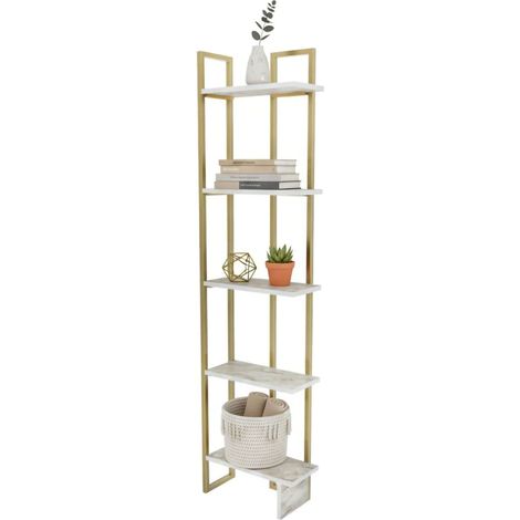 Dmora - Libreria Alnair, Scaffale da ufficio, Mobile portalibri, Biblioteca, 45x22h180 cm, Bianco e Oro, con imballo rinforzato, con imballo rinforzato