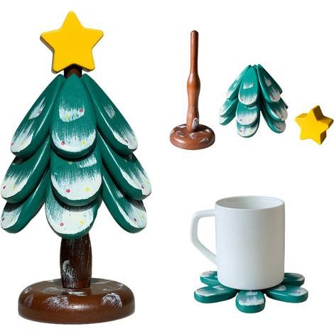 Ensemble de 3 dessous de tasse et dessous de plat triangulaires en forme de sapin de Noël, pliables en bois, pour boissons, assiettes et casseroles. Dépliage automatique. Protection pratique pour votr (1/5)