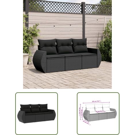 The Living Store Salon de jardin 3 pcs avec coussins noir résine tressée - Ensemble Salon De Jardin - Meuble Extérieur - Résine Tressée - Rotin Synthétique - Fauteuil De Jardin (1/3)