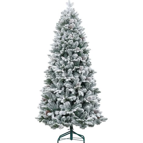 Künstlicher Weihnachtsbaum, 180 cm, mit Metallständer, 1489 schneebedeckten Zweigen, Tannenzapfen und grünem Dekor