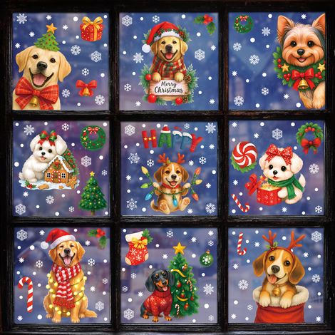 Autocollants chiots de Noël pour décorer les vitres, décorations d'ambiance de Noël, couronnes de fenêtre, boîtes cadeaux, autocollants statiques