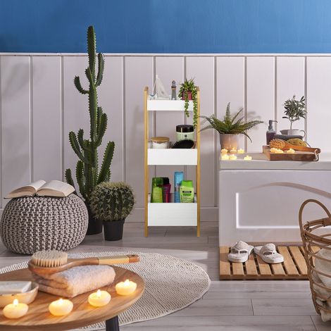 Relaxdays Badregal mit 3 Krben, Standregal Bambus & MDF, HxBxT: 74,5 x 28  x 20 cm, freistehend, Kchenregal, natur/wei