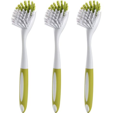 Brosse à récurer pour vaisselle, évier, casseroles et poêles, à poils rigides, jaune-vert, lot de 3 (1/3)
