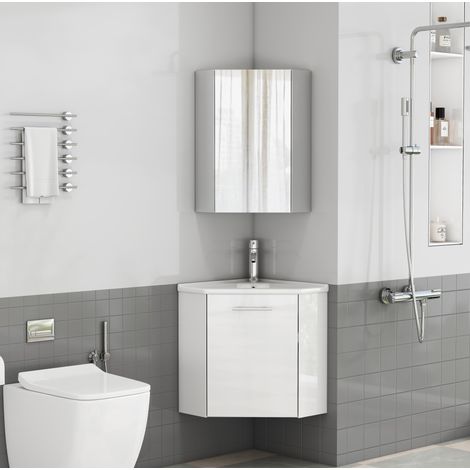 Ensemble de meubles de salle de bains d’angle avec meuble vasque, miroir et lavabo en céramique, blanc brillant, MDF, préassemblé, gain de place pour petite salle de bains – CHICFURN (1/5)