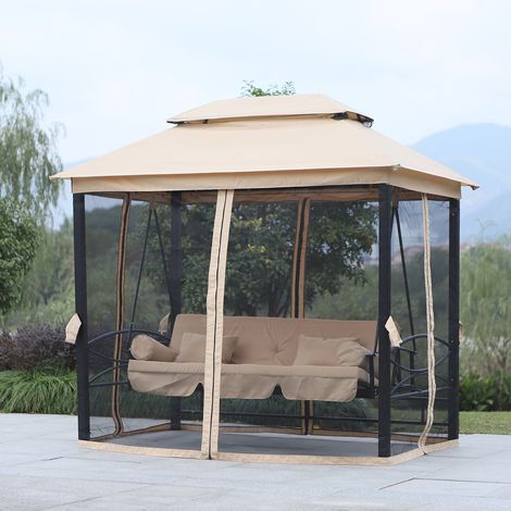 Balançoire Hollywood, balançoire de jardin avec panneaux latéraux, 3 places, beige, 256 x 172 x 248 cm (1/5)