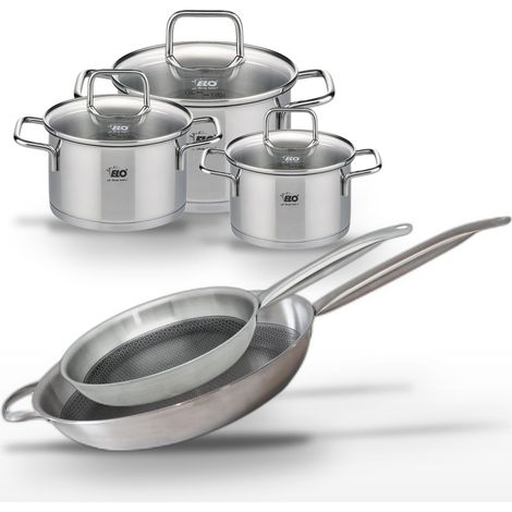 Batterie de cuisine avec 2 poêles 28/32 cm et 3 faitouts 14/16/20 cm en inox sans PFAS Elo Collection Relief Solution Citrin (1/5)