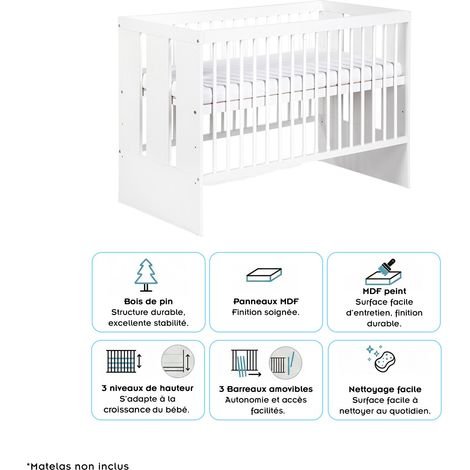 PAOLA Lit bébé évolutif avec barreaux Blanc 120x60 cm (1/3)
