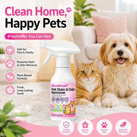 KineShineX Cat and Dog Stain and Odor Removal Spray quickly breaks down pet stains with a fresh, light fragrance. (1/5)
