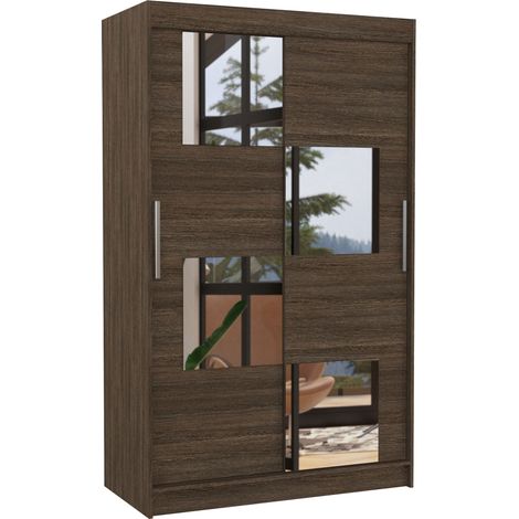 Petite armoire de chambre 2 portes coulissantes bois marron et 4 miroirs Luko 120cm (1/5)
