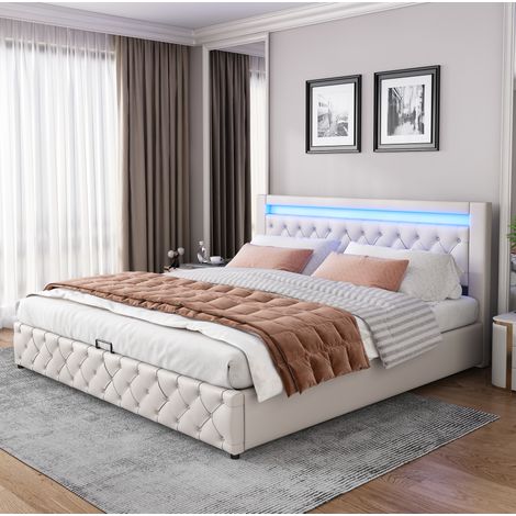 Lit coffre rembourré 140x190 en velours beige avec sommier à lattes, levage hydraulique, tête capitonnée style Chesterfield et grand rangement pour chambre - CHICFURN (1/5)