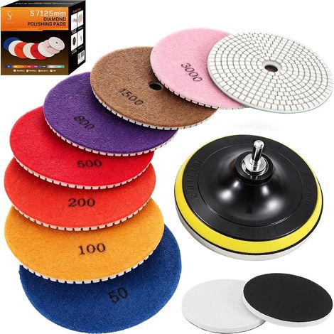 11 Pcs Wet Diamond Sanding Discs for Granite Stone Concrete Marble 125mm Diamond Sanding Discs for Polisher and Angle Grinder, Mixed Grit 50-6000 with 2 Pads (1/3)