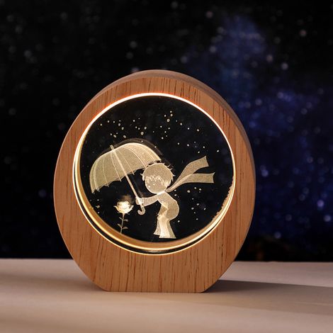 Veilleuse Planète Prince Gardien, cadre rond en bois, sculpture en cristal 3D, socle en bois, cadeau d'anniversaire, cad (1/5)