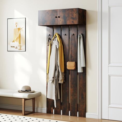 GOPLUS Porte-Manteau Mural, Patère Murale Entrée Rangement avec 5 Crochets et Armoire à 2 Portes, Étagère Murale Supérieure pour Chambre, Salle de Bain, Salon, Couloir,90 x 33 x 210 cm (Industriel) (1/5)