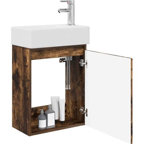 Meuble de Salle de Bain avec Robinet Intégré, Couleur Chêne Fumé, Design Moderne et Élégant (1/5)