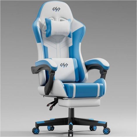 Sillón ergonómico - Ecofurnix - cojín de masaje lumbar - respaldo ajustable - reposapiés - Blanco y Azul
