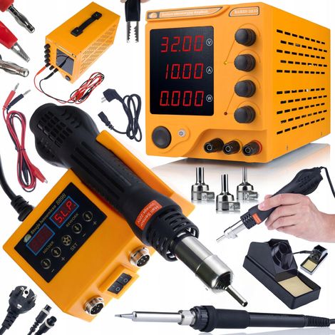 Fuente de alimentaci贸n de laboratorio AmpRush RARES-3210 de 32 V y 10 A + estaci贸n de soldadura 2 en 1 (aire caliente y 900 m) Orange Husky OH660 Electric Serie S