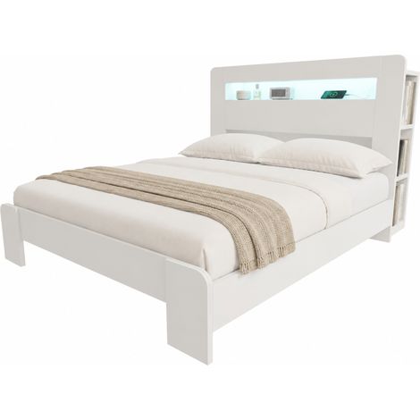 CHICFURN Cama 140x200 cm con cabecero con almacenamiento, LED integrada y enchufes, cama de madera blanca de estilo moderno para dormitorio (1/5)