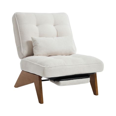 Fauteuil inclinable velours côtelé, pieds bois, coussin lombaire