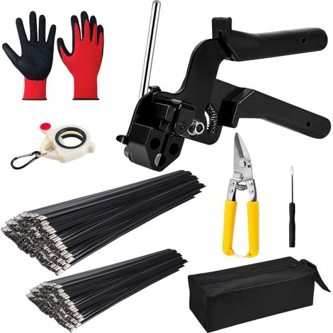 Kit de pistolet de serrage robuste en acier inoxydable, avec 300 attaches zippées en métal noir résistant aux UV (150 pièces de 30 cm, 20 cm), ensemble d'outils de coupe réglables pour clôture (1/5)