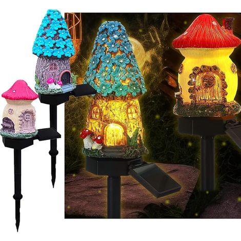Pack de 2 solaire rouge bleu champignon maison lampadaire, jardin décoratif résine mignon champignon maison lumière, sans fil crépuscule à l'aube LED lampe étanche. (1/5)