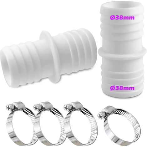 Lot de 4 raccords de tuyau de 38 mm en acier inoxydable - Blanc - Adaptateur pour tuyau de piscine - Double embout (2 pièces)