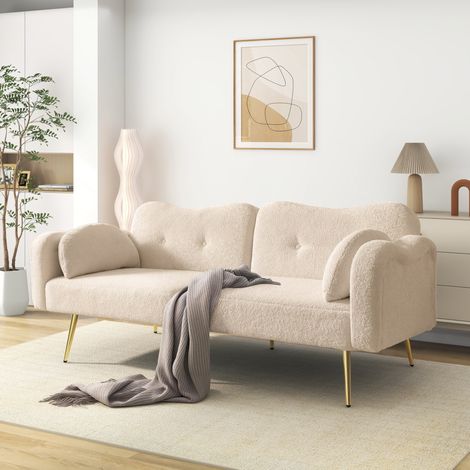 Divano letto a 2 posti con schienale reclinabile, gambe in metallo dorato, beige (1/5)