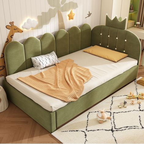 Lit enfant banquette 90x200 cm en velours vert avec lit gigogne et dossier couronne, gain de place (1/5)