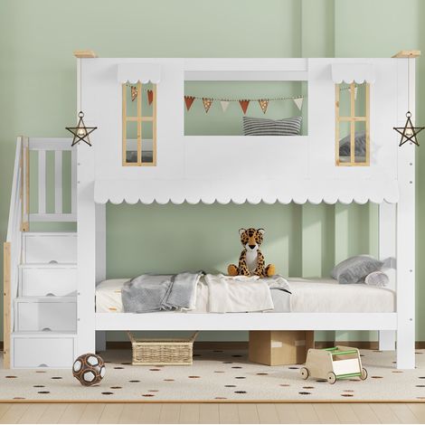 Litera infantil (252.5x97x201.5 cm), con escalera de almacenaje, ventanas decorativas, madera maciza, MDF, blanco y natural (1/5)