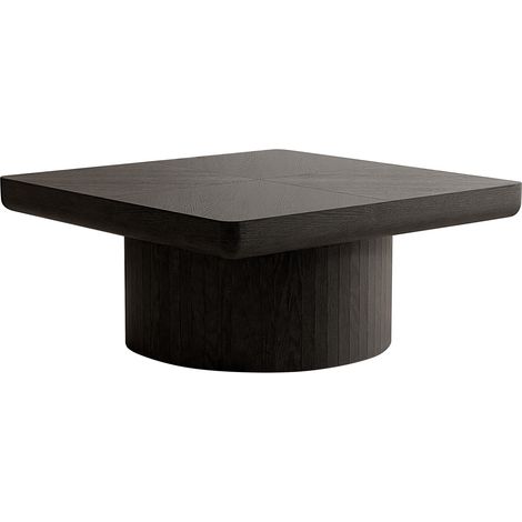 Table basse carrée 78 cm avec plateau bois à motif parquet et base cylindrique noire (1/5)