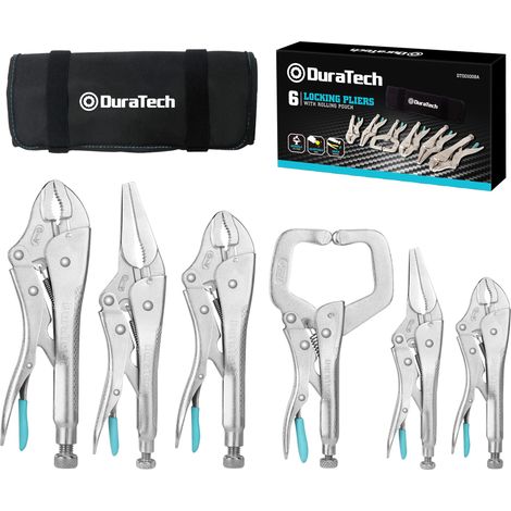 DURATECH Jeu de 6 Pinces-Étaux avec 2 Becs Longs de 16,5 cm et 24 cm, 3 Mâchoires Courbes de 12,7 cm, 17,8 cm et 25,4 cm et 1 C-clamp de 15 cm, Étui Roulable Pratique pour Bricolage et Réparation