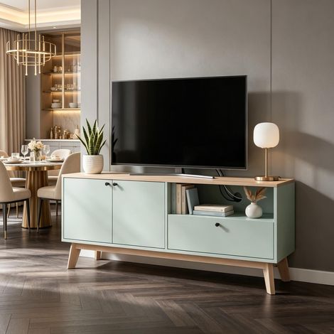 Meuble TV 120 cm, meuble TV pour téléviseurs jusqu'à 36 pouces avec 2 portes, tiroir, casier ouvert (uniquement avec 1 meuble TV) (1/5)