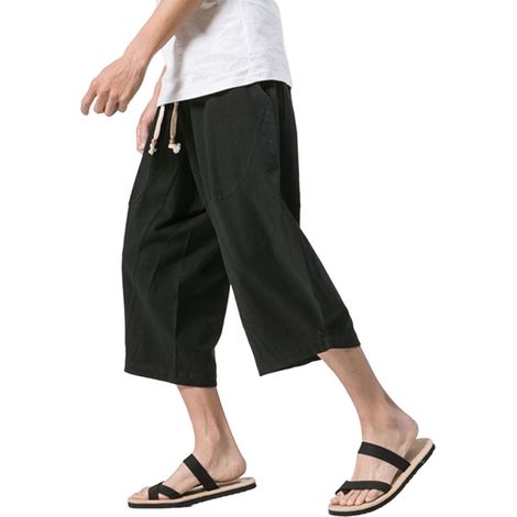 Short homme capri sous le genou, pantacourt décontracté lin à cordon élastique, coupe ample sport plage, pantalon court casual ajusté taille fine. (1/3)