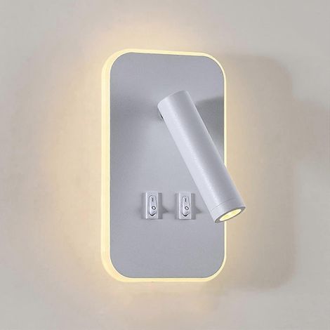 LED-Wandleuchte, Nachttischlampe, 12-W-LED-Wandleseleuchte, verstellbarer Spot 3 W + 9 W, 3000 K warmweißes Licht (weißes Rechteck) (1/5)