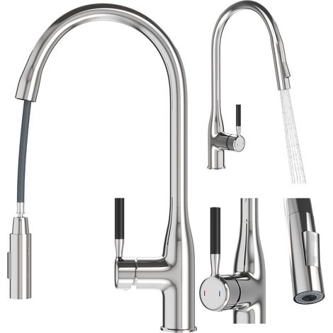 MITIGEUR DE CUISINE DOUCHETTE EXTRACTIBLE ARGENT DOUBLE FONCTION CHROME FOSSA (1/5)