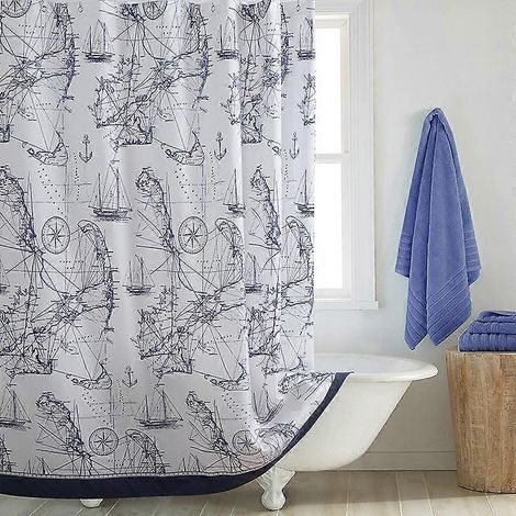 Rideau de douche bleu marine à motif nautique, rideau de douche en tissu, rideau de douche bleu marine pour salle de bain, rideau de salle de bain imprimé, 183 cm de largeur x 183 cm de hauteur (1/5)
