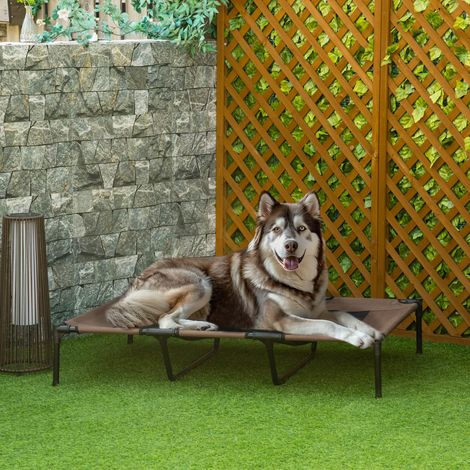 Panier pliable pour chien. Panier d'extérieur surélevé. Dimensions : 122 cm x 92 cm x 23 cm. Coloris : marron café et noir.