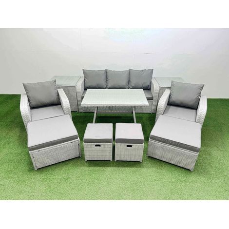 Fimous Rattan Garden Furniture Dining Set 9-seater Patio Rectangular Table Sofa Set with 2 Side Tables 4 Stools Light Grey (1/4)