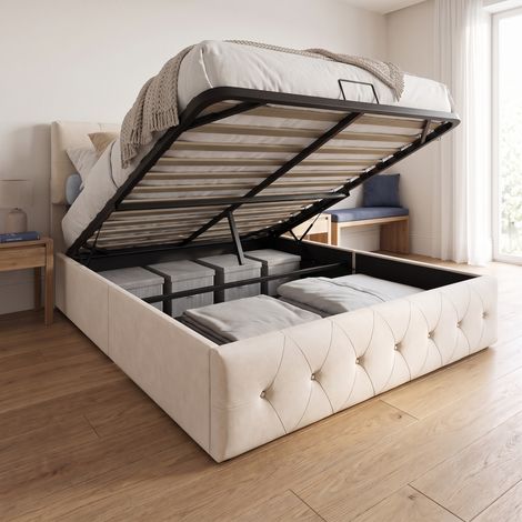 Lit coffre 140x200, lit double rembourré en velour avec tête de lit réglable, style moderne, sommier à lattes et cadre de lit, Beige