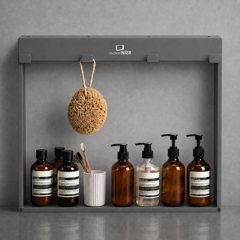 ShowerNIZR® Duschregal Granite Grey - Duschablage ohne Bohren für Duschwand zum Hängen aus Edelstahl mit 4 Haken